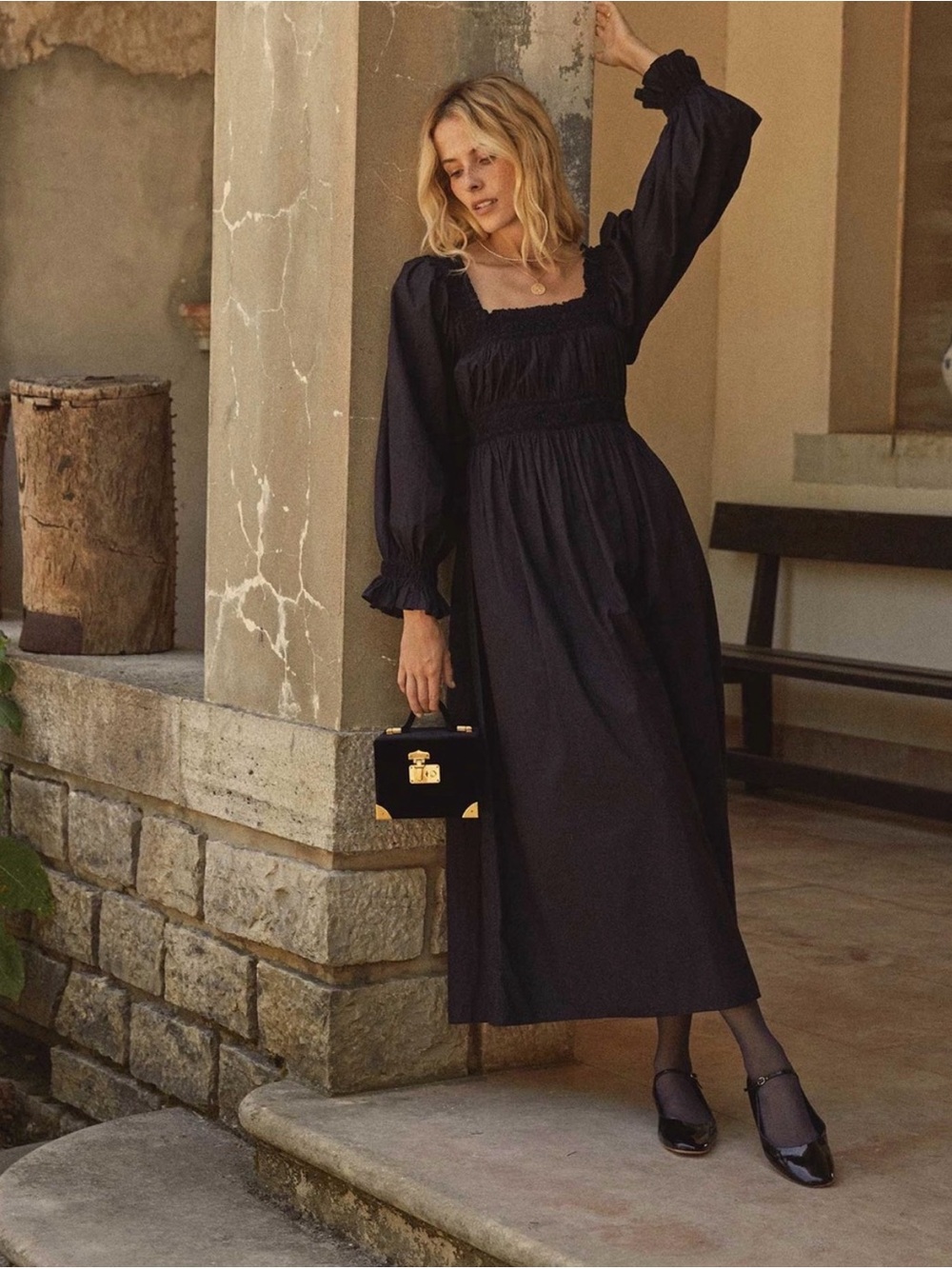 Long Black Smocked Square-Neck Dress